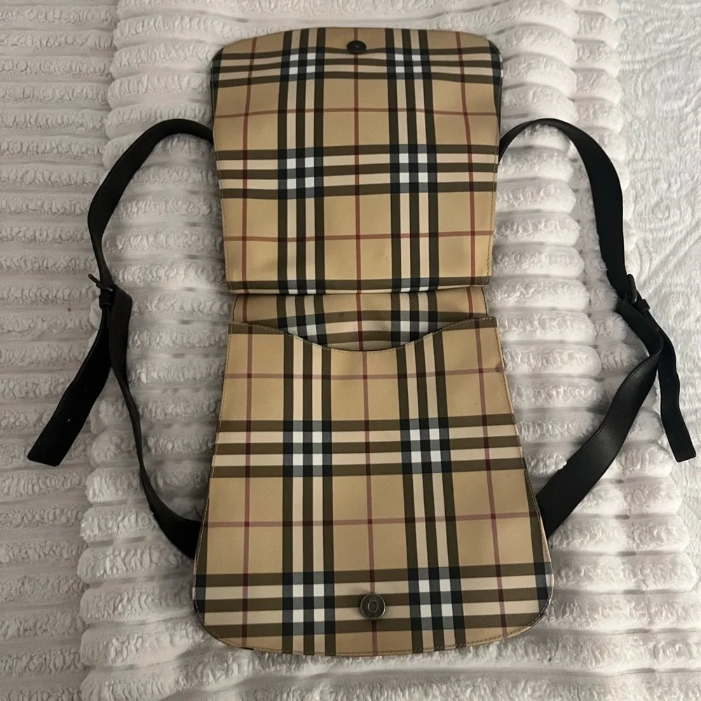Burberry Tan Plaid Canvas Backpack with Black Straps